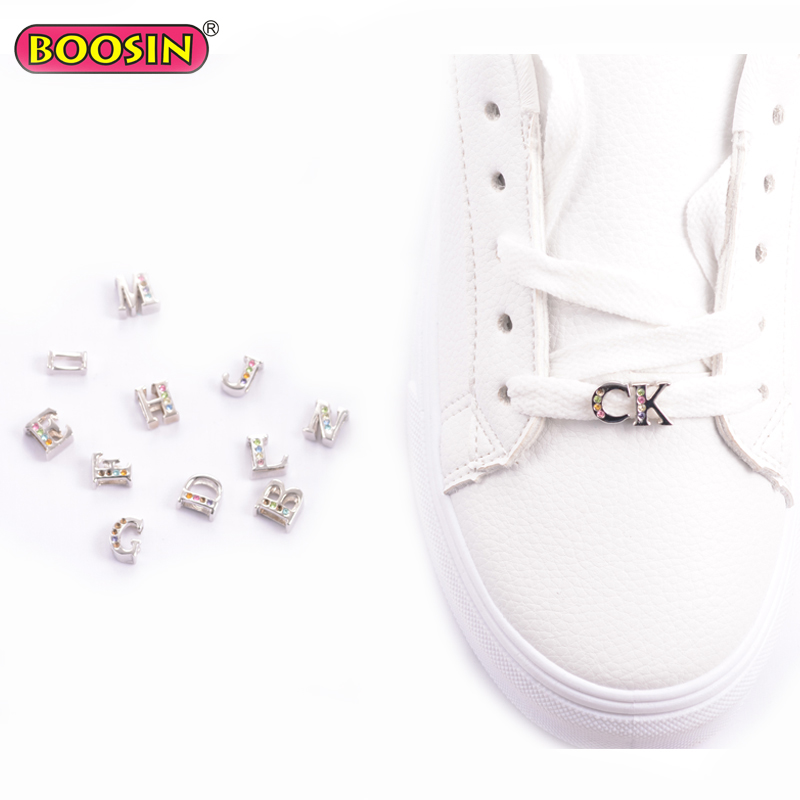 Factory supply slide charms metal alphabet letter shoe buckle silver shoelace decoration