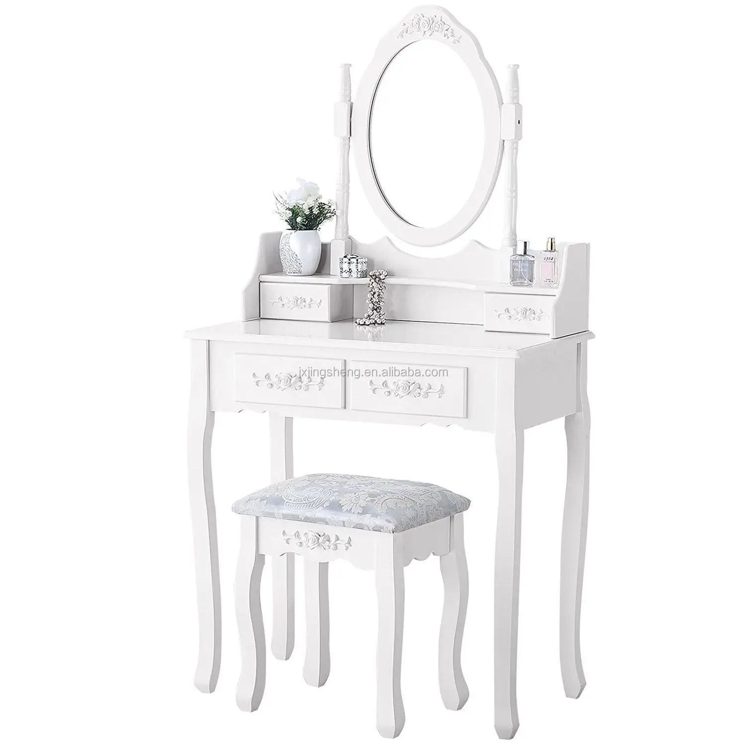 Luxury white dressing table with mirror and stool