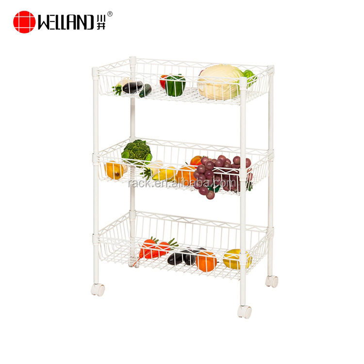 Moveable Metal White Household Kitchen Cart With Basket