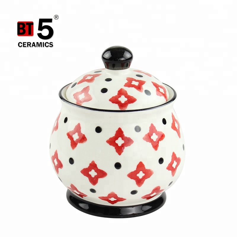 Round shape unique pattern houseware kitchen ceramic salt packaging containers, sugar pot with lid