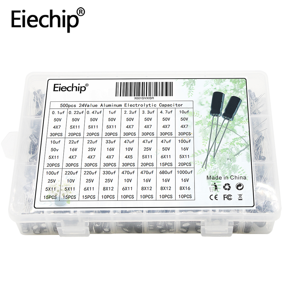 Eiechip 24 значение 500 шт алюминиевый электролитический конденсатор, алюминиевая крышка, радиальные привести тип диапазон 0,1 мкФ-1000 мкФ с ассортиментом коробка Kit9