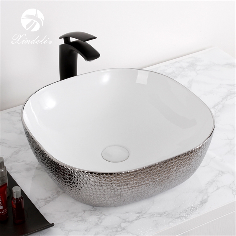 XDL-D1301H021 Высококачественная Белая Серебряная керамическая гальванизированная декоративная раковина для ванной комнаты