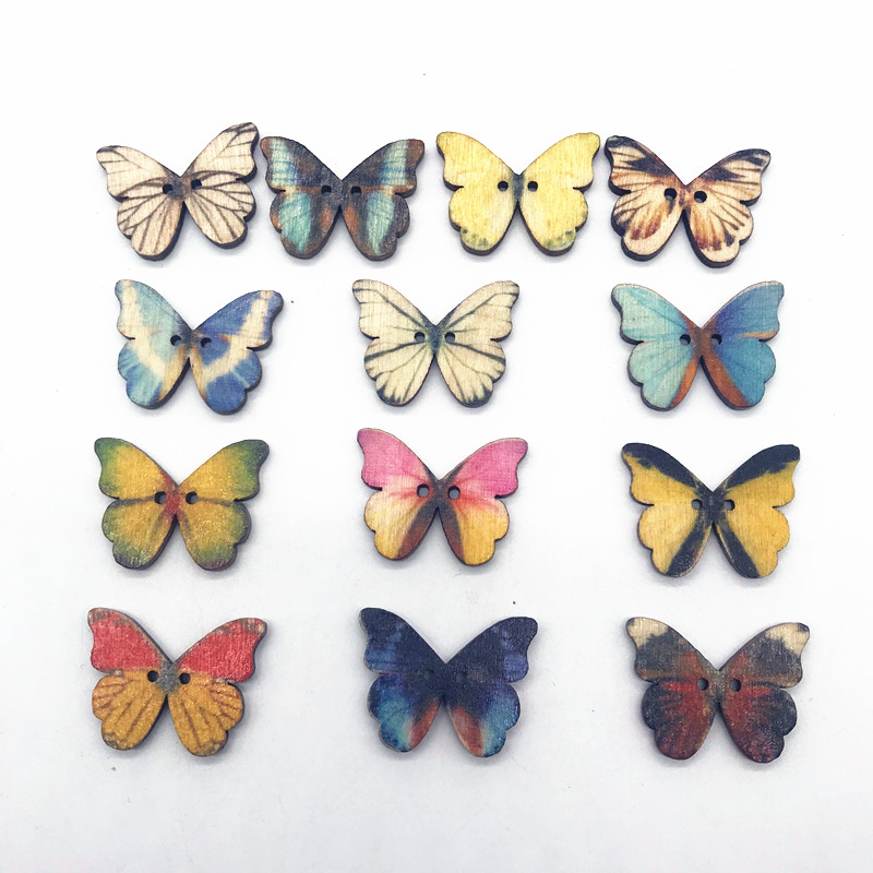 50 Pcs Colorful 2 Holes Mixed Butterfly Wooden Button for Sewing Scrapbooking DIY Craft Clothes Accessories