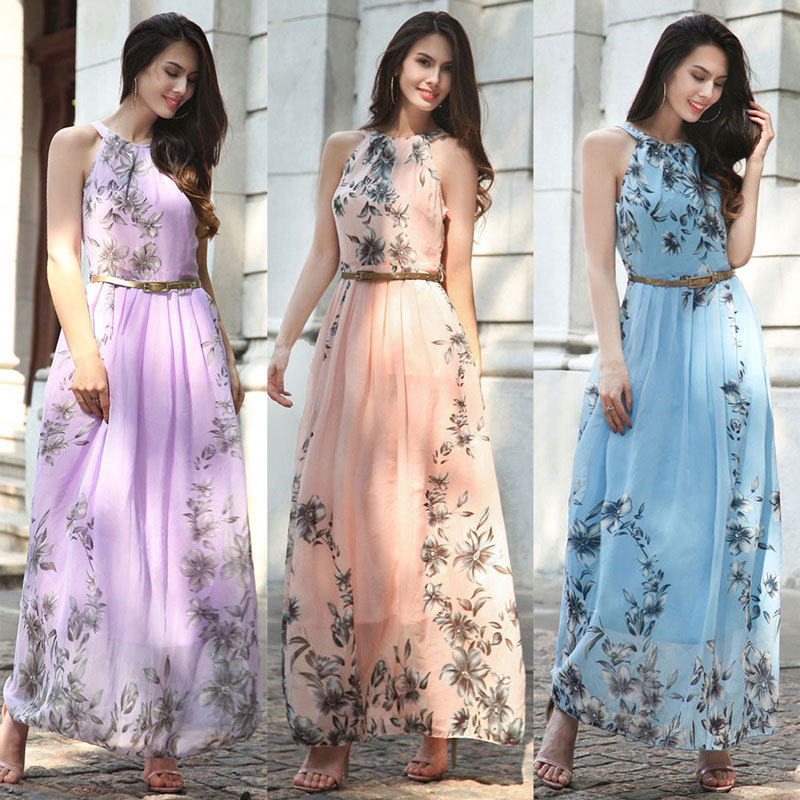Europe and American 2019 spring and summer large size women's new chiffon dress long skirt holiday beach dress