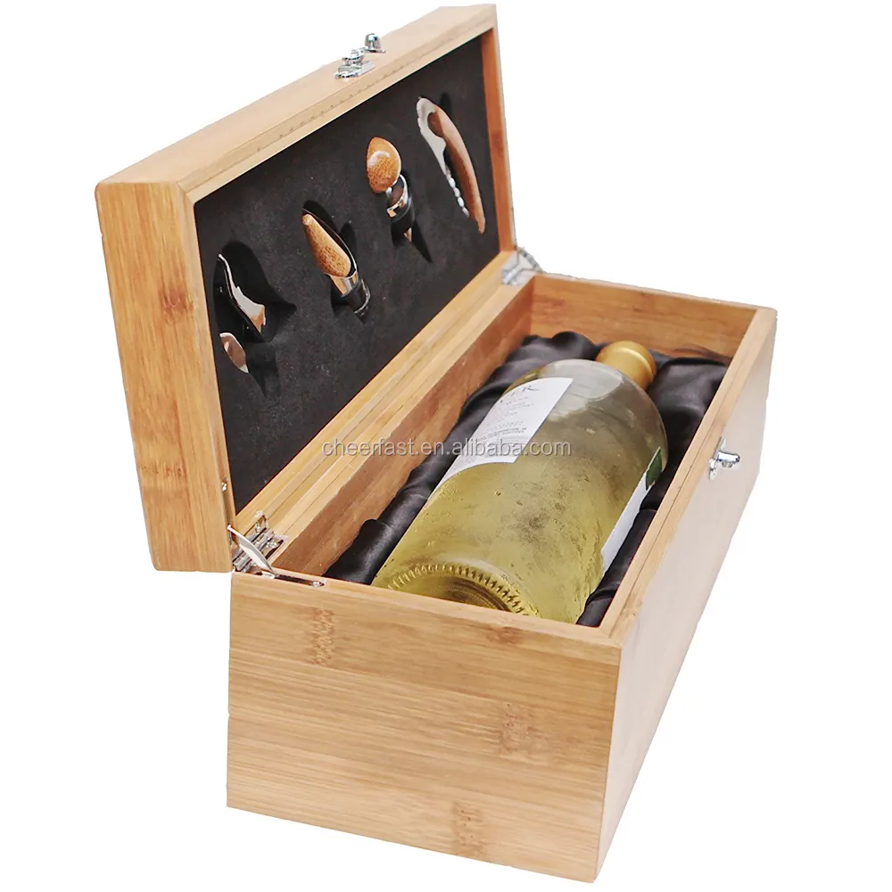 Different size bamboo wood box with wine 4 tools