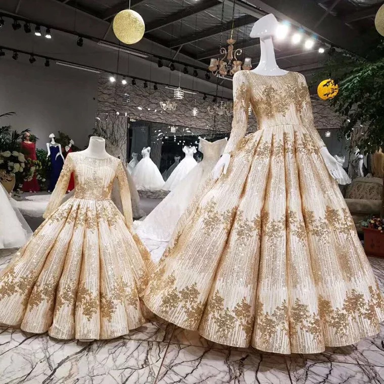 Великолепное бальное платье для матери и дочери 2019, платье для девочки с цветами на свадьбу, с коротким рукавом, с золотой аппликацией и бантом, Детская официальная одежда для конкурса