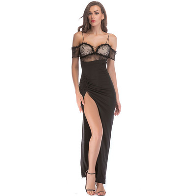 MAGICMK Women's Sexy halter split off shoulder lace patchwork club dress
