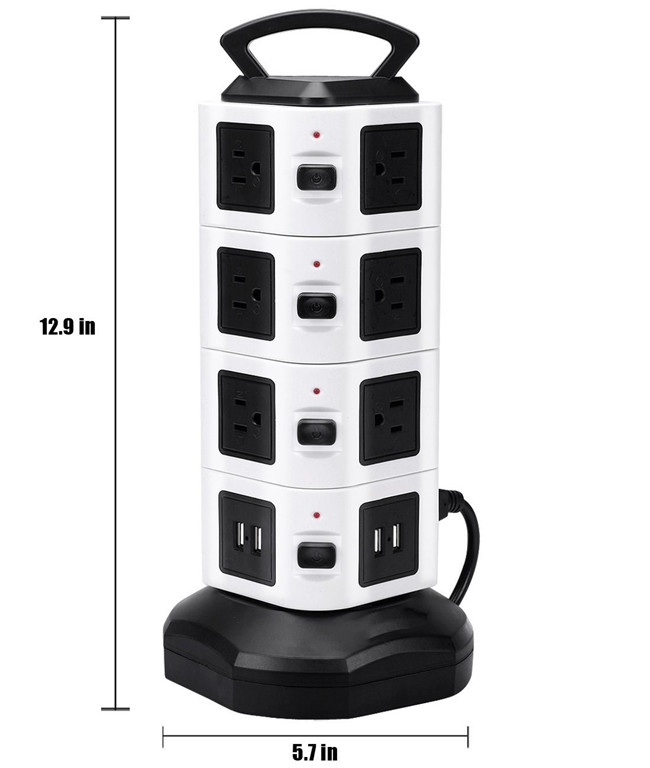 Адаптер питания с защитой от перенапряжения, портами USB для зарядки и индивидуальными переключателями, вращающийся вертикальный сетевой фильтр
