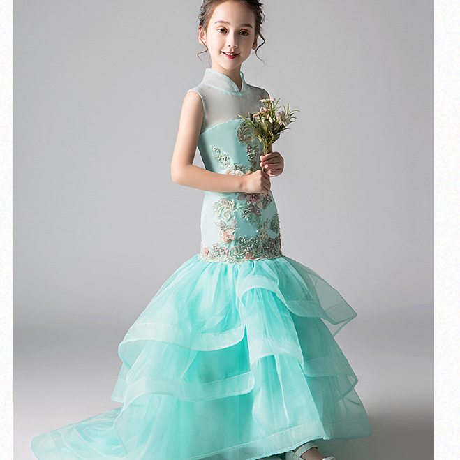 LA192 Sky Blue New High Quality Mermaid Beading Long Tail Design Kids Party Dresses