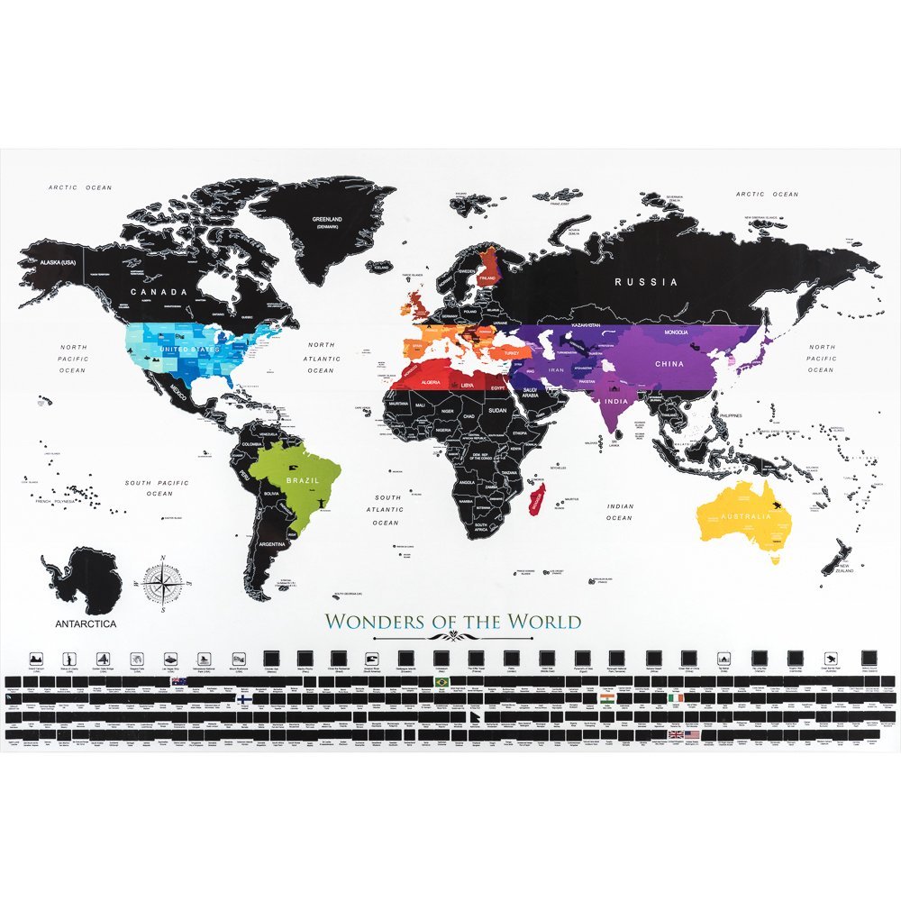 Сотрите Map24 "x16" меньше Премиум качество Потрясающие черно-белые минималистский глобальная карта с яркими под несколько цветов