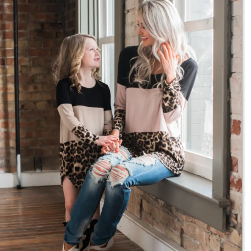 my-190 new fashion Leopard print long sleeve mommy and me t shirts fall boutique women and baby girls tops