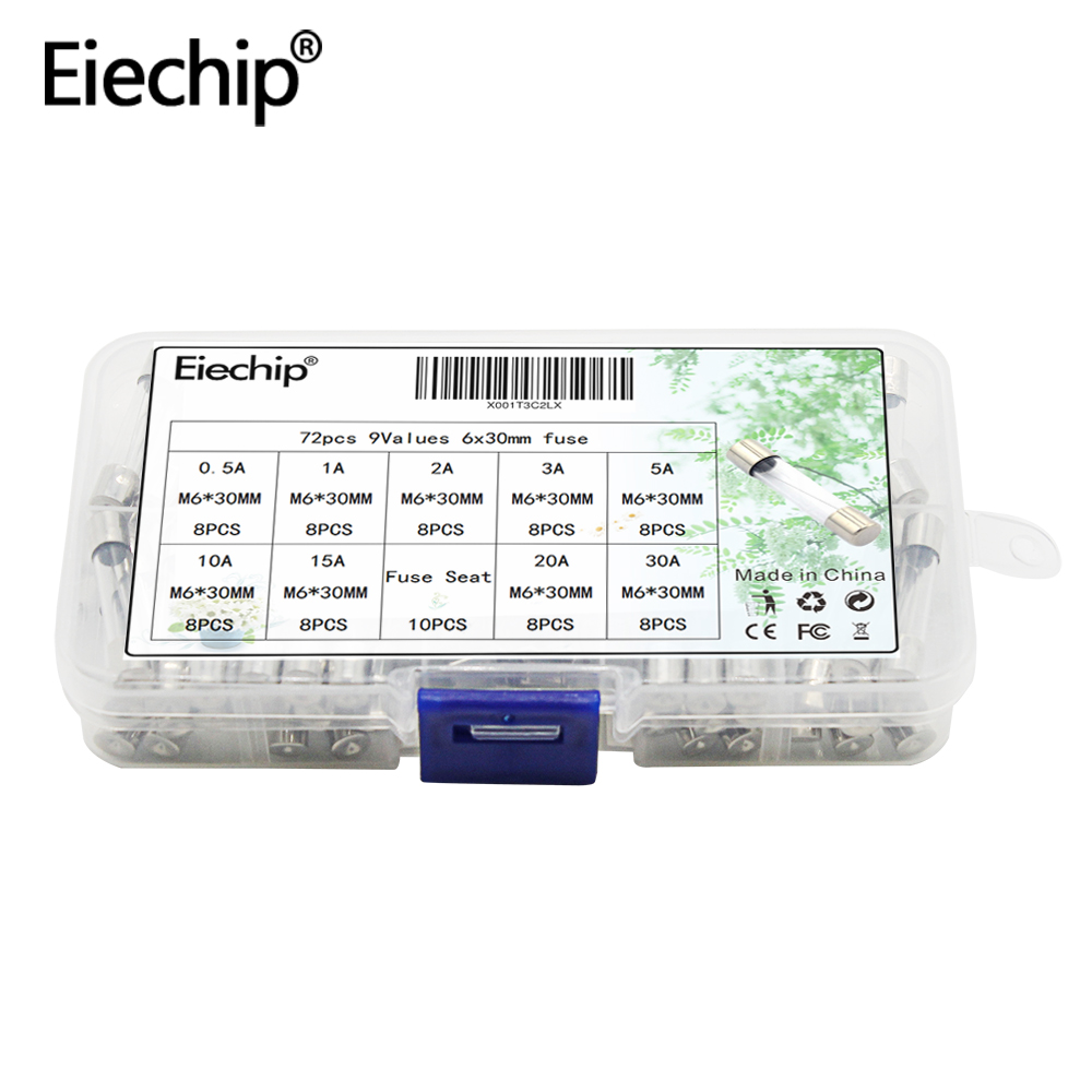Набор быстродействующих стеклянных предохранителей Eiechip 72pcs6x30 мм, быстросъемный стеклянный трубчатый предохранитель, различные комплекты усилителей 0.5A, 1A, 2A, 3A, 5A, 10A, 15
