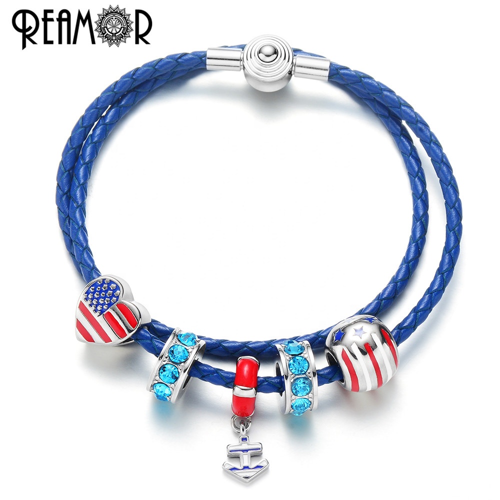 REAMOR 316l Нержавеющая сталь Сердце Форма Эмаль американский флаг и Звезда Европейский Шарм бусины для DIY браслет ювелирные изделия