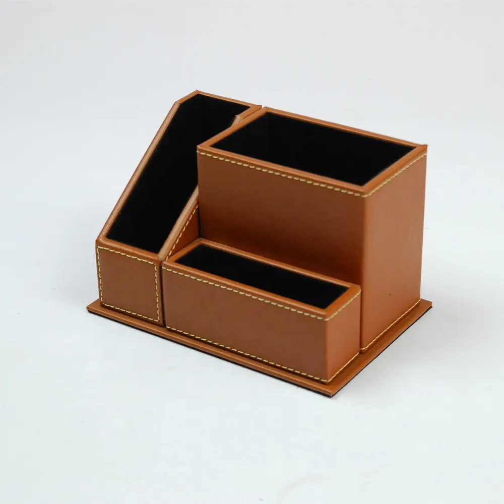 PU Leather Desktop Card Pen Pencil Holder Supplies Box File Stationery Collection Organizer