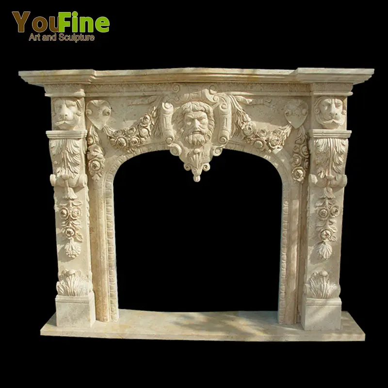 Handcarved Beige Marble Fireplace with Lion Head