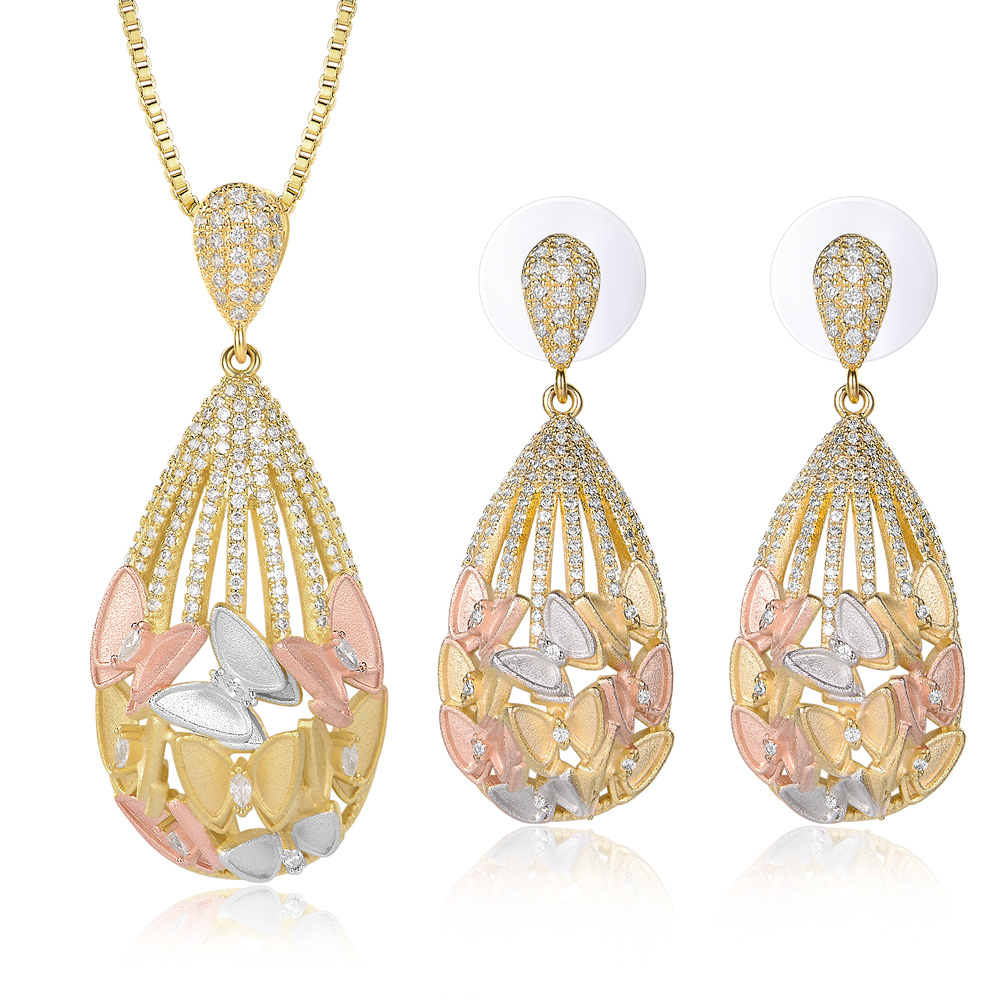 Latest Elegant CZ Women Gold Plated Earring Pendant Jewelry Sets
