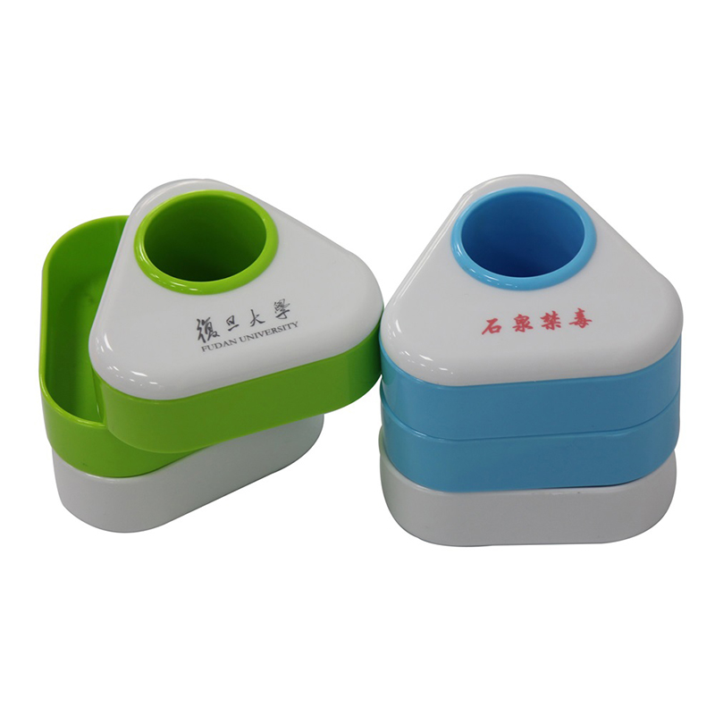 T0080 Low MOQ High quality Triangular column multi-functional pen container/holder with paper clip drawer