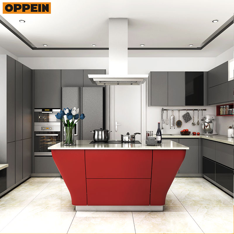 Red & Grey Tempered Glass Lacquer MDF Wooden Kitchen Cabinet with Island Design