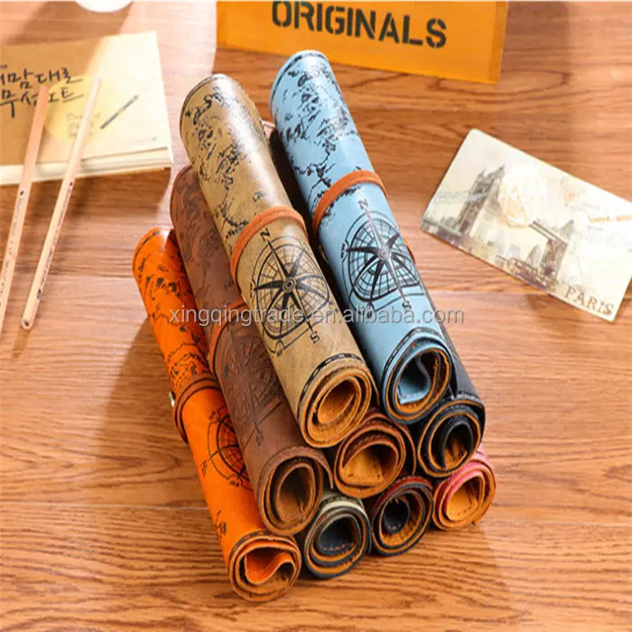 Retro Vintage Pirate Roll Up Pu Leather Pen Pencil Case Bags Treasure Map Kid Party Gift Favor Make Up Cosmetic Bag