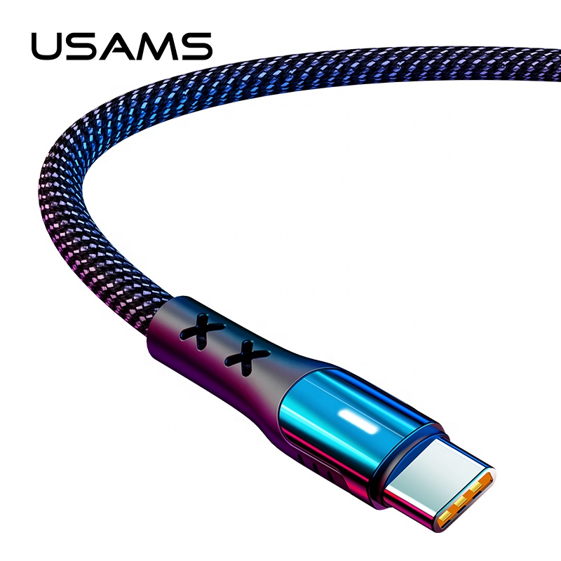 USAMS U27 USB кабель с нейлоновой оплеткой типа C светодиодная охлаждающаяся 5A супер зарядное устройство с быстрой зарядкой, USB кабель для передачи данных