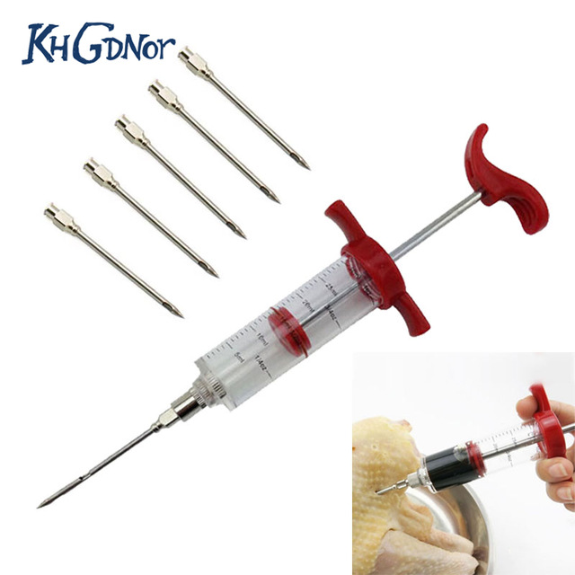 5 Stainless Steel Needles Spice Syringe Set BBQ Meat Flavor Injector Kitchen Cooking Sauce Marinade Accessories