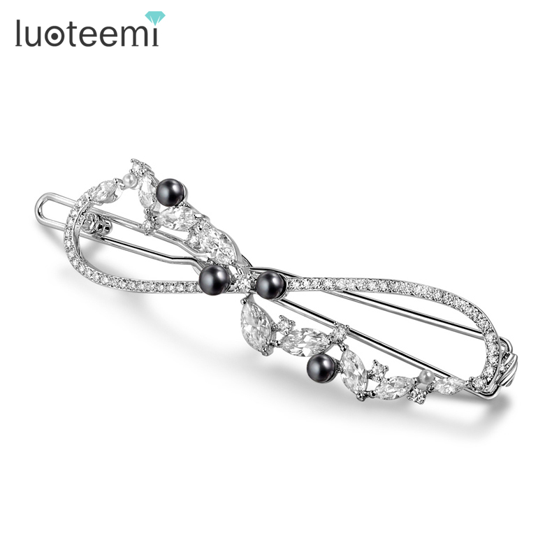 LUOTEEMI модные новые роскошные свадебные аксессуары для волос с кубическим цирконием для невесты ювелирные изделия Необычные черные заколки для волос с натуральным жемчугом