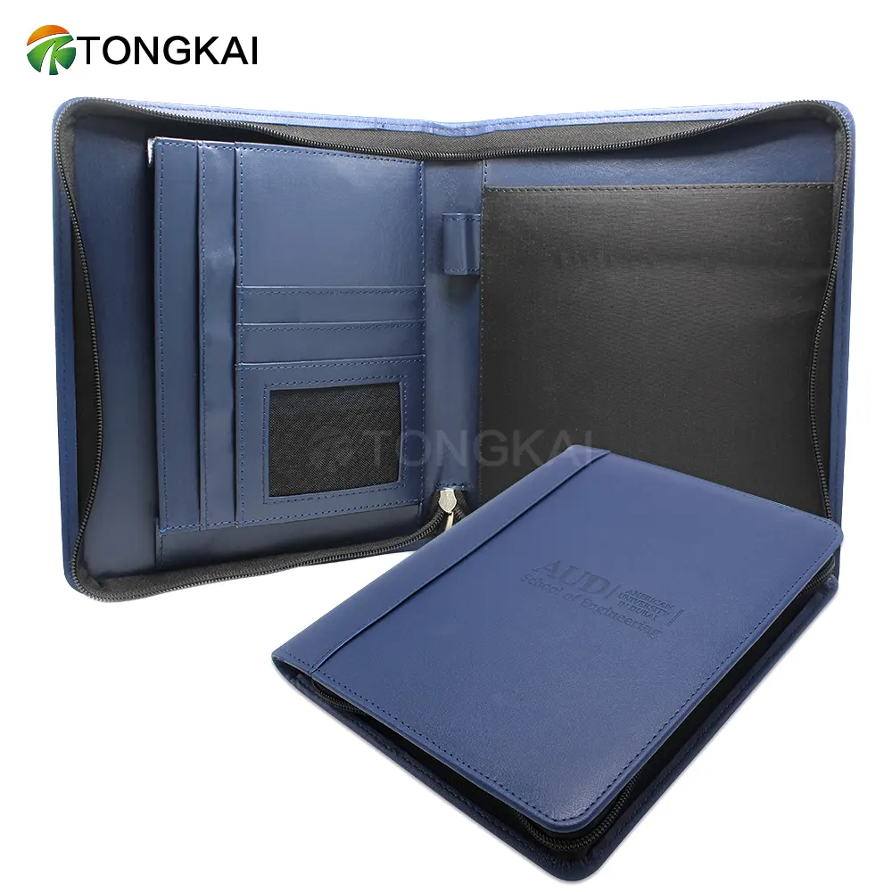 a4 a5 Navy Blue Leather Zipper Folder Organizer Personal Portfolio