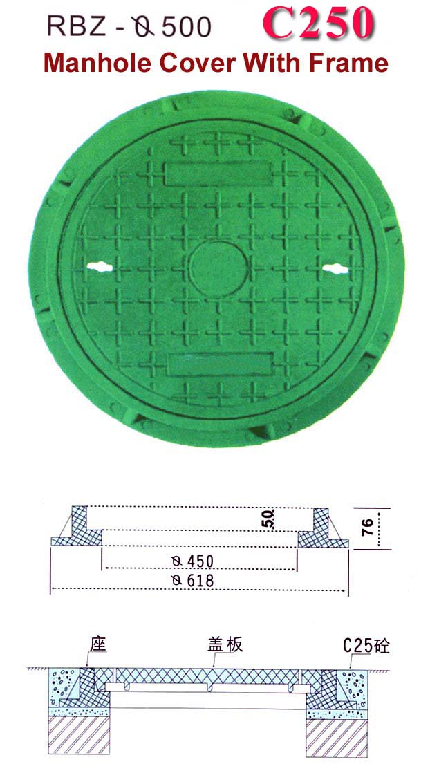 Composite Resin Manhole Cover With Frame - Dia. 500mm, C250