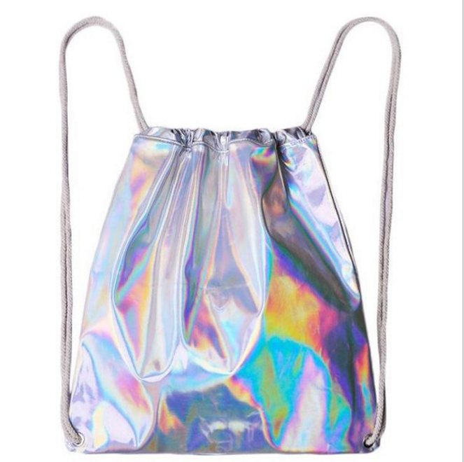 Лазерная PU Drawstring сумка Серебряный голографический Рюкзак Голограмма спортивный рюкзак