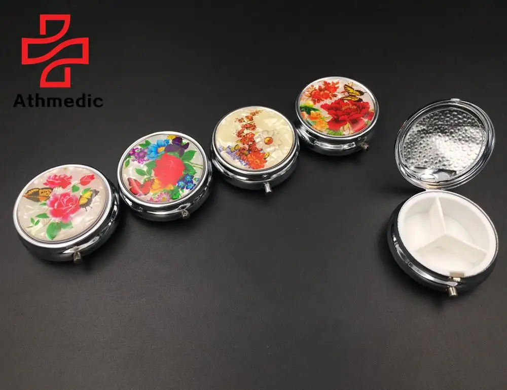 2022 Athmedic food grade 3 case round circle mirror jewelry promotional mirror decorate metal pill case box