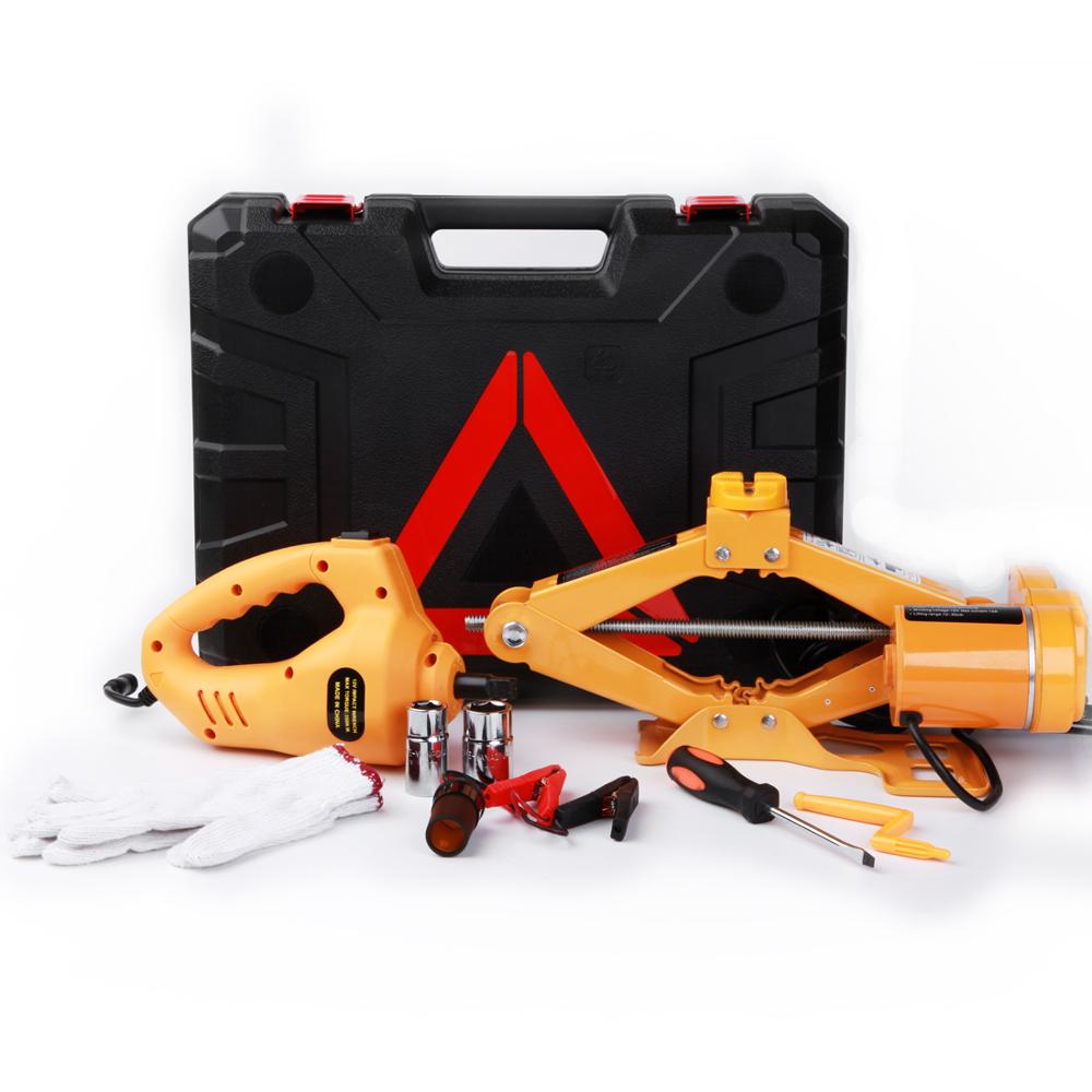 CE ISO Chinese Supplier OEM Mini Portable 3T Electric Screw Scissor Car Jack and Impact Wrench DC12V for Quick Repair Tools Set
