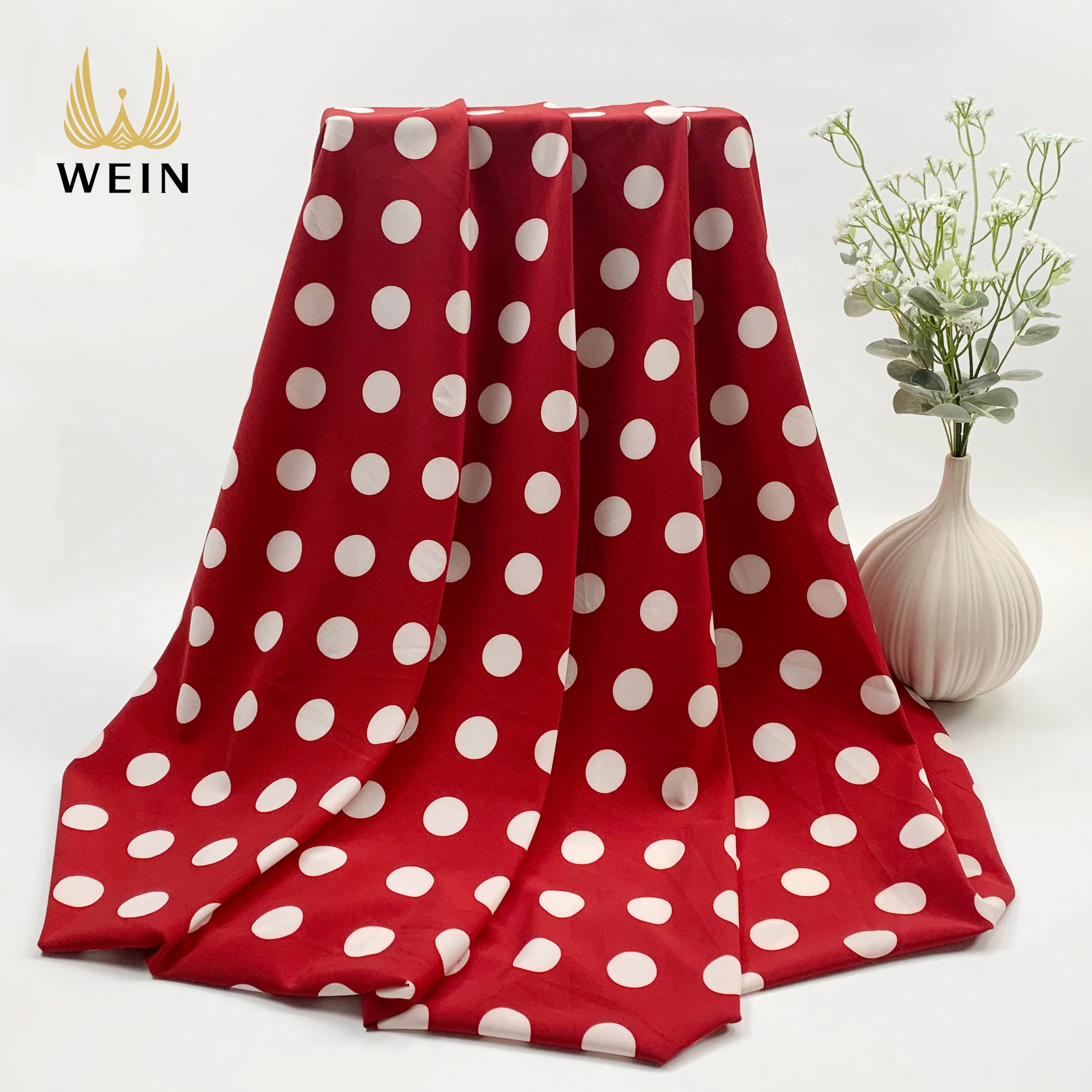 WI-D04 Polyester spandex 4 way stretch red and white polka dot print dress fabrics