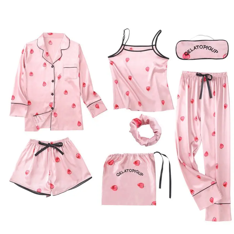 Quiki Pink Women's 7 Pieces Pajamas Sets Emulation Silk Striped Pajamas Women Sleepwear Sets Homewear