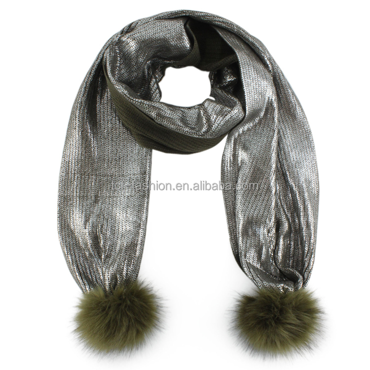 Ladies' acrylic fashion big pompon foil printed knitted scarf