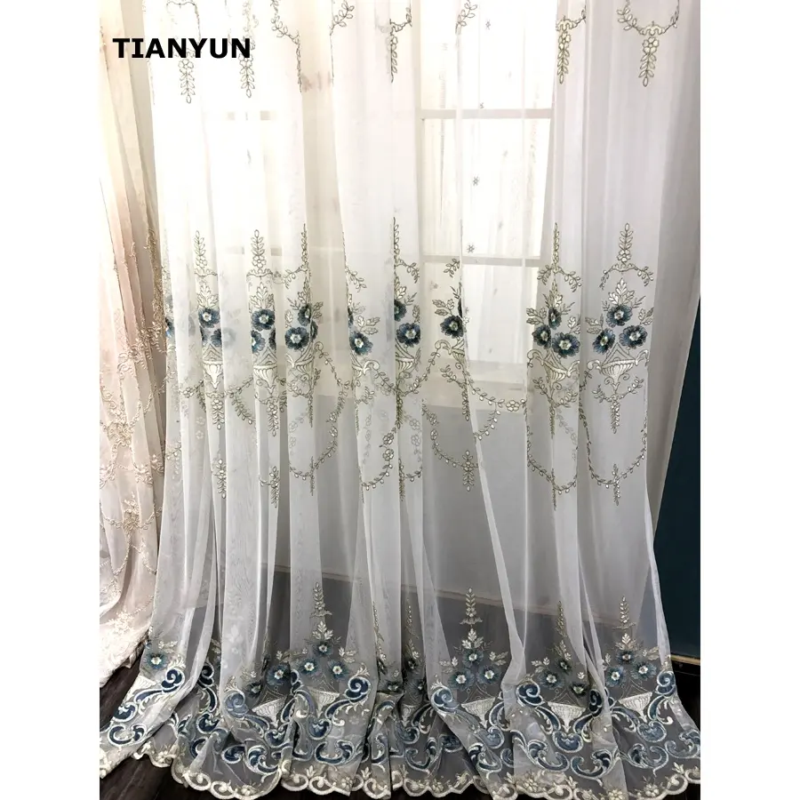 2021 Newest Voile Floral Embroidered Net Fabric Window Sheer Curtains