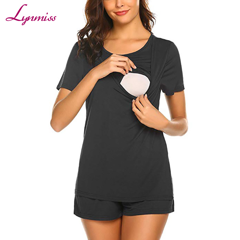 Lynmiss Женская 100% Хлопковая пижама с коротким рукавом для грудного вскармливания одежда для сна для беременных Пижама для кормящих матерей набор для больницы