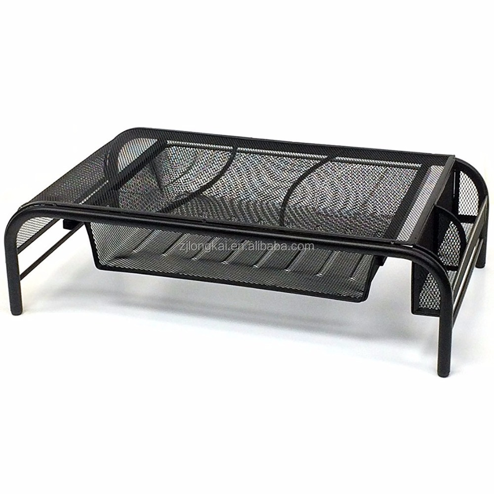 Office Home School Desk Mesh Metal Monitor Stand with Pull Out Drawer