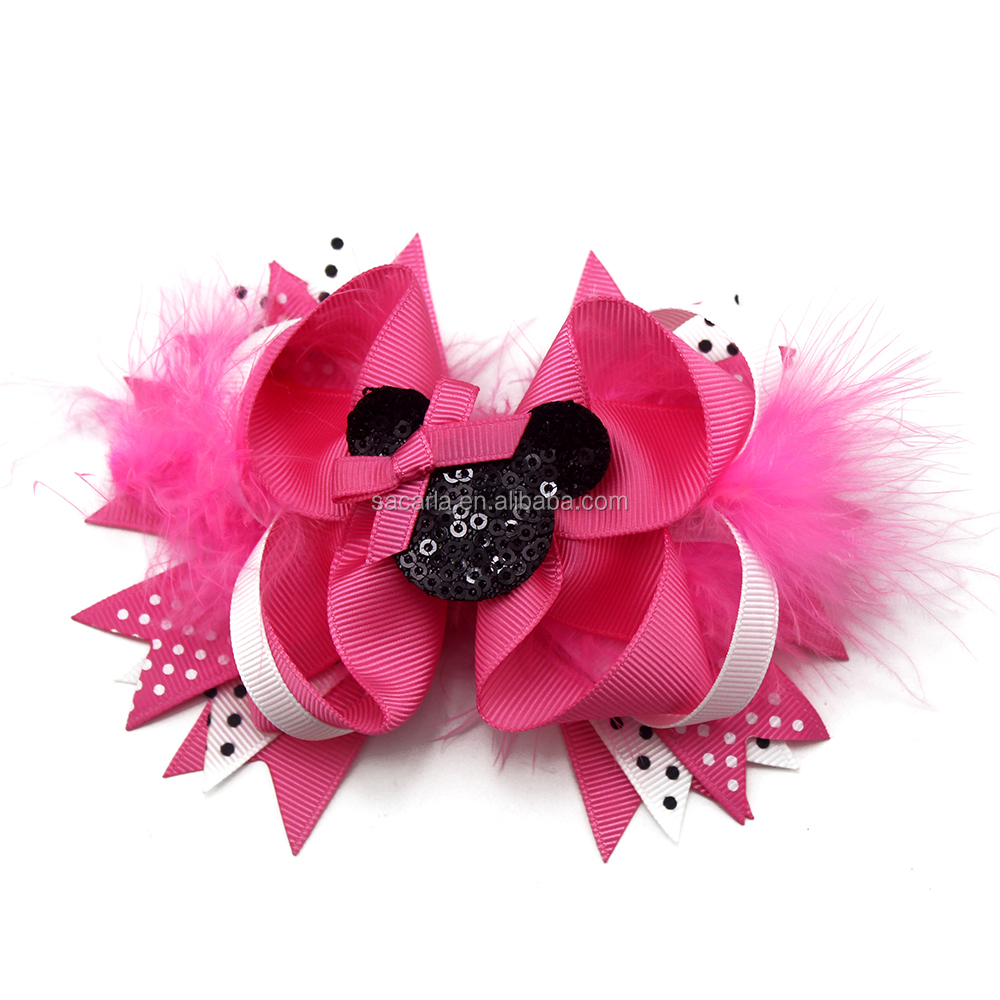 Black glitter D isney mouse feather hair bow for toddler