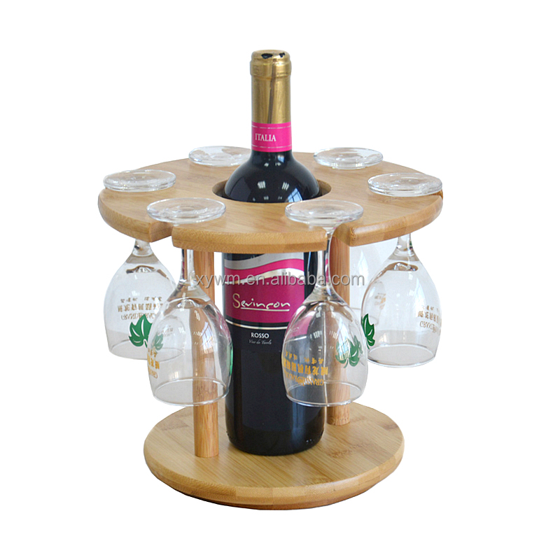 Подставка для вина Lazy Susan из натурального бамбука, с держателем для бутылки и 6 вешалками