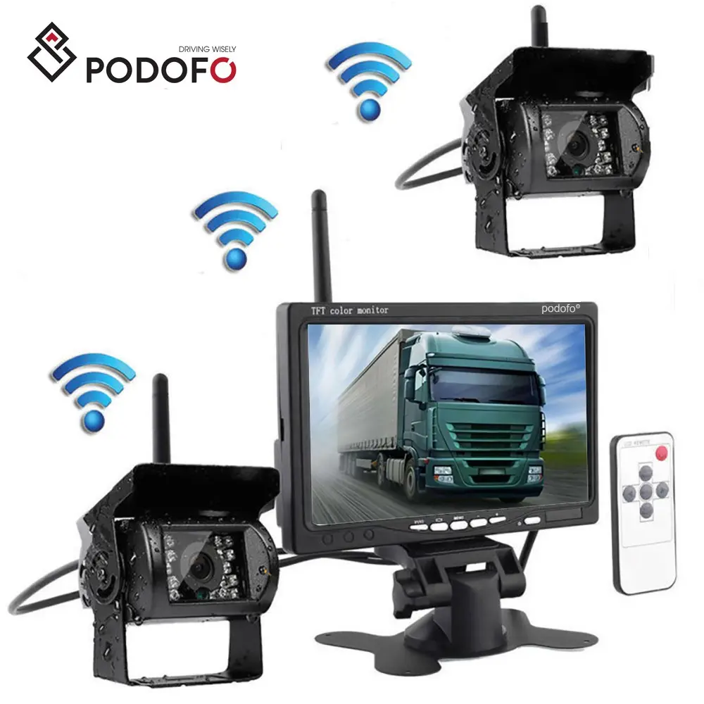 Podofo Wireless Vehicle Truck 2 Reverse Cameras & Monitor Car Reversing Aid Waterproof Rear View Camera for Truck