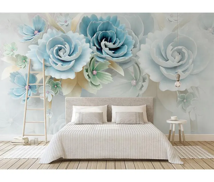 house decoration 3d wallpaper embossed flowers wall stickers blue fresh TV background vinyl wall mural