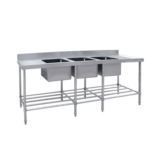 700mm Triple Commercial Industrial Stainless Steel Sinks Bench With Pot Shelf