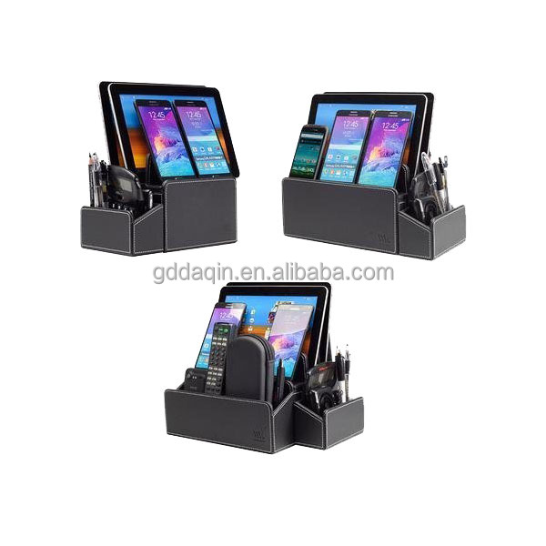 2018 Hot-sale PU desk organizer, PU leather phone charging station for mobile phone, faux leather desk organizer