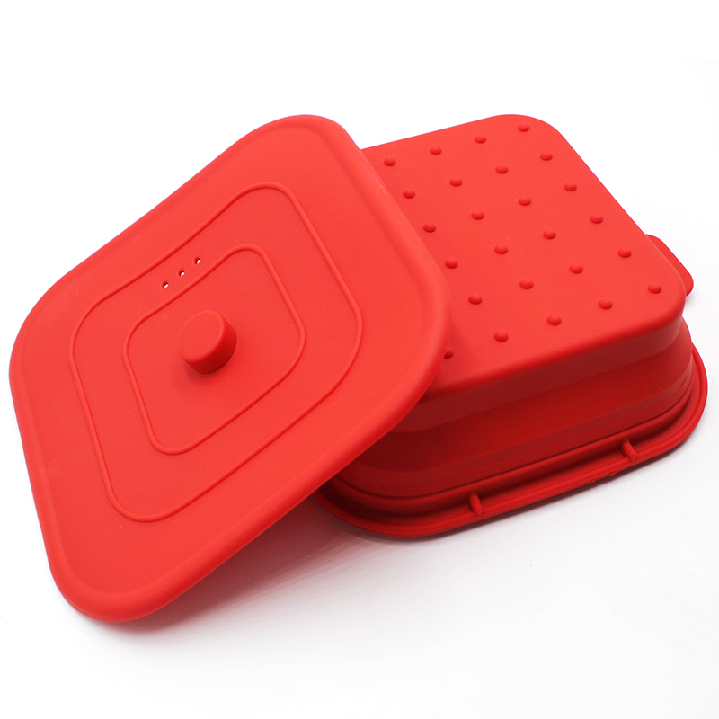 Red Square Collapsible Food Storage Container 800ml Foldable Bento Silicone Lunch Box with Lid
