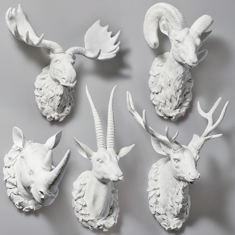 ROOGO Modern Art Deco Resin Pure White Animal Deer Head Antler 3D Wall Mounted Interior Decoration