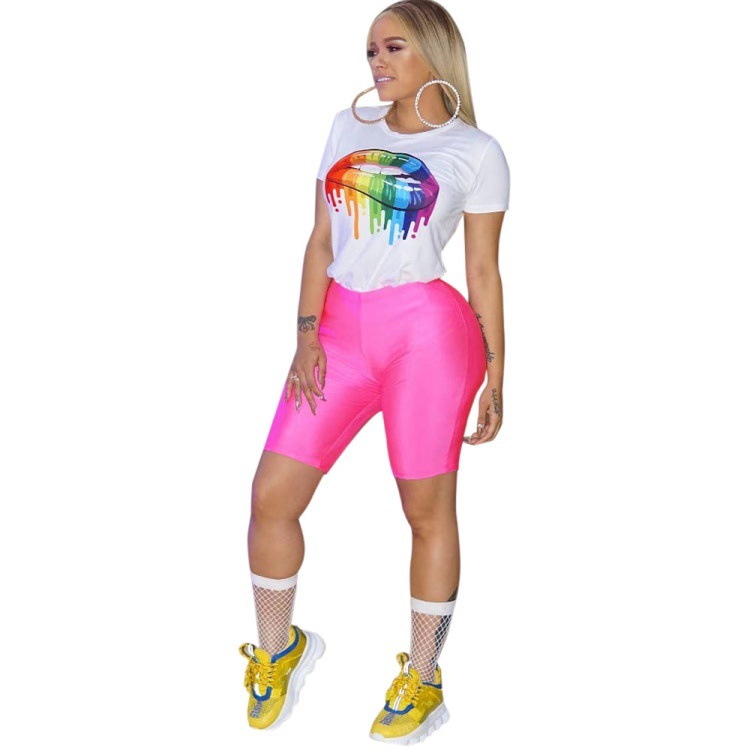 New Sexy Colour Lips Women Set 2 Piece Outfits Short Sleeve T Shirts and Knee Length Pants Suit Streetwear Yellow Pink