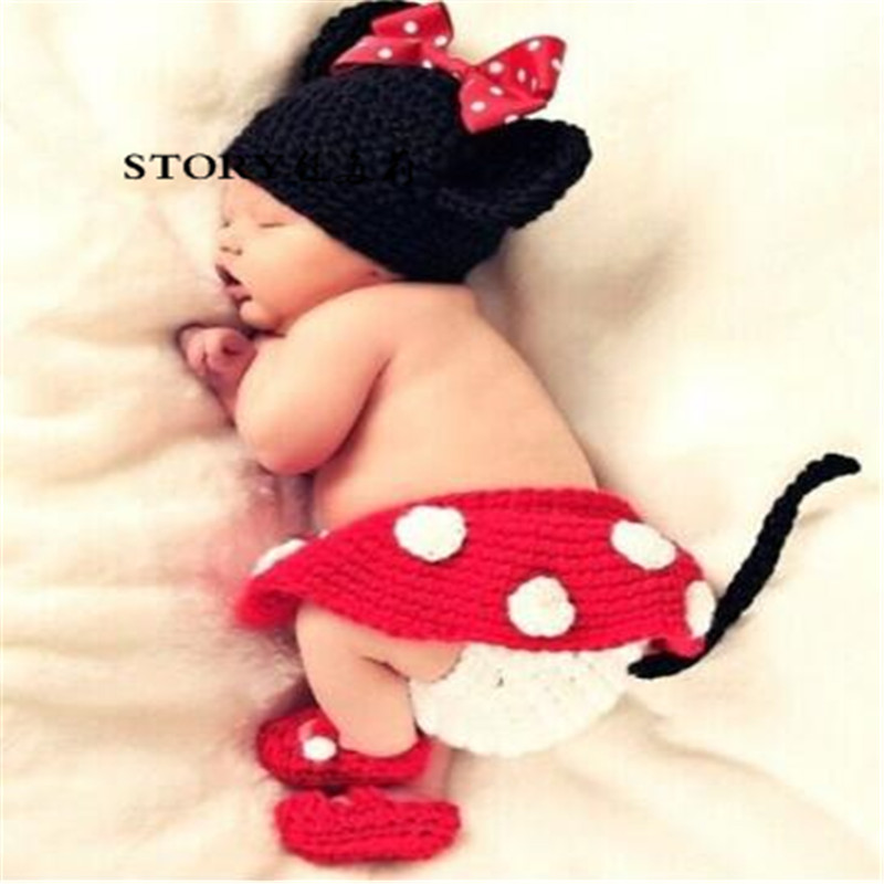 Newborn baby halloween party girl boy little mouse handmade knitted cap infant boy girl hat set crochet costume photo props
