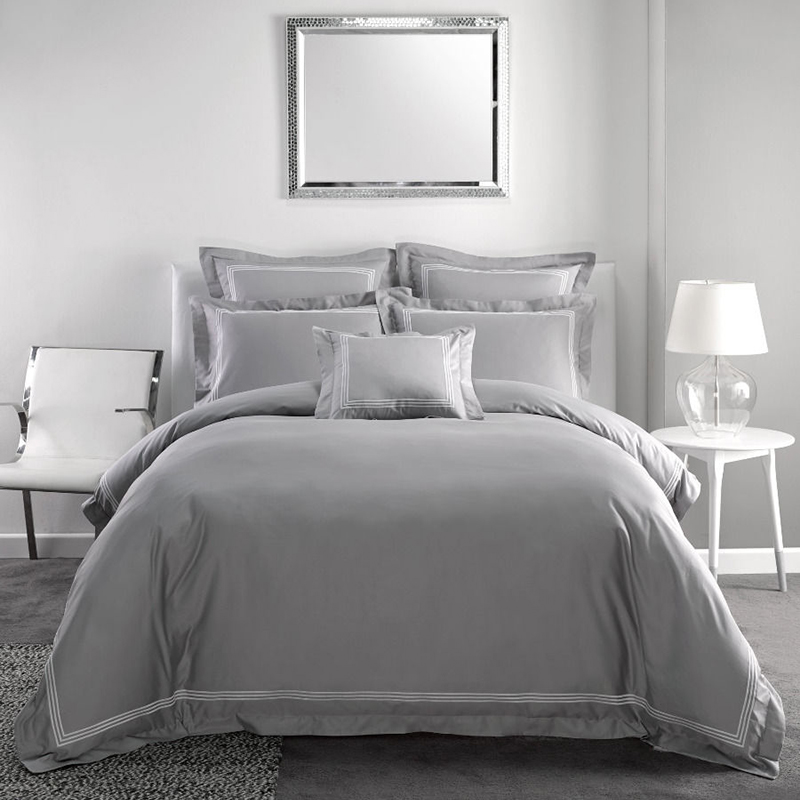 Queen double size 400TC poly cotton satin hotel bedsheets and duvet cover embroidered
