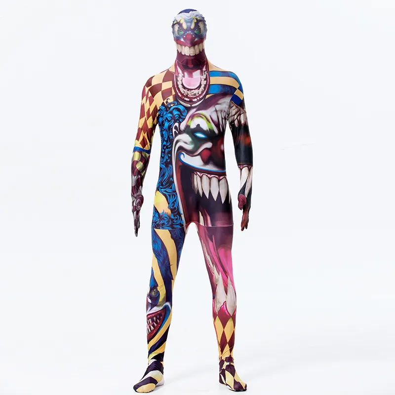 Plus Size Halloween Zentai Catsuit Full Bodysuit Men Costume Crazy Clown Printed Spandex Lycra Costume