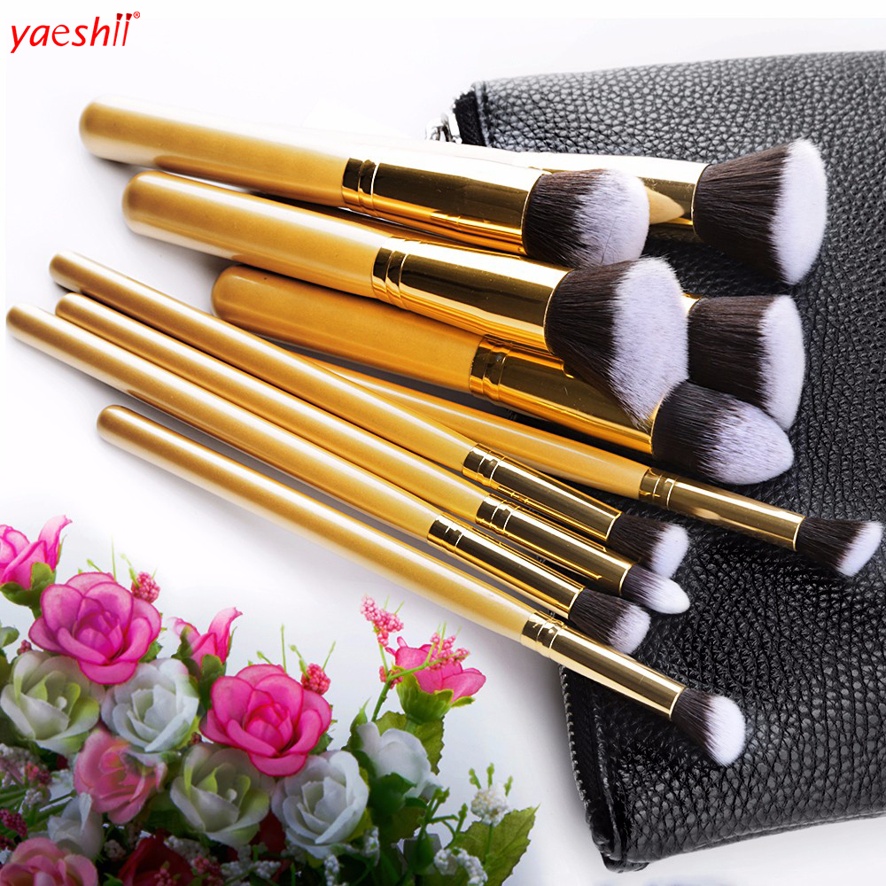 yaeshii Hot sale 10 pieces makeup brushes set kabuki makeup brush with luxurious PU leather case
